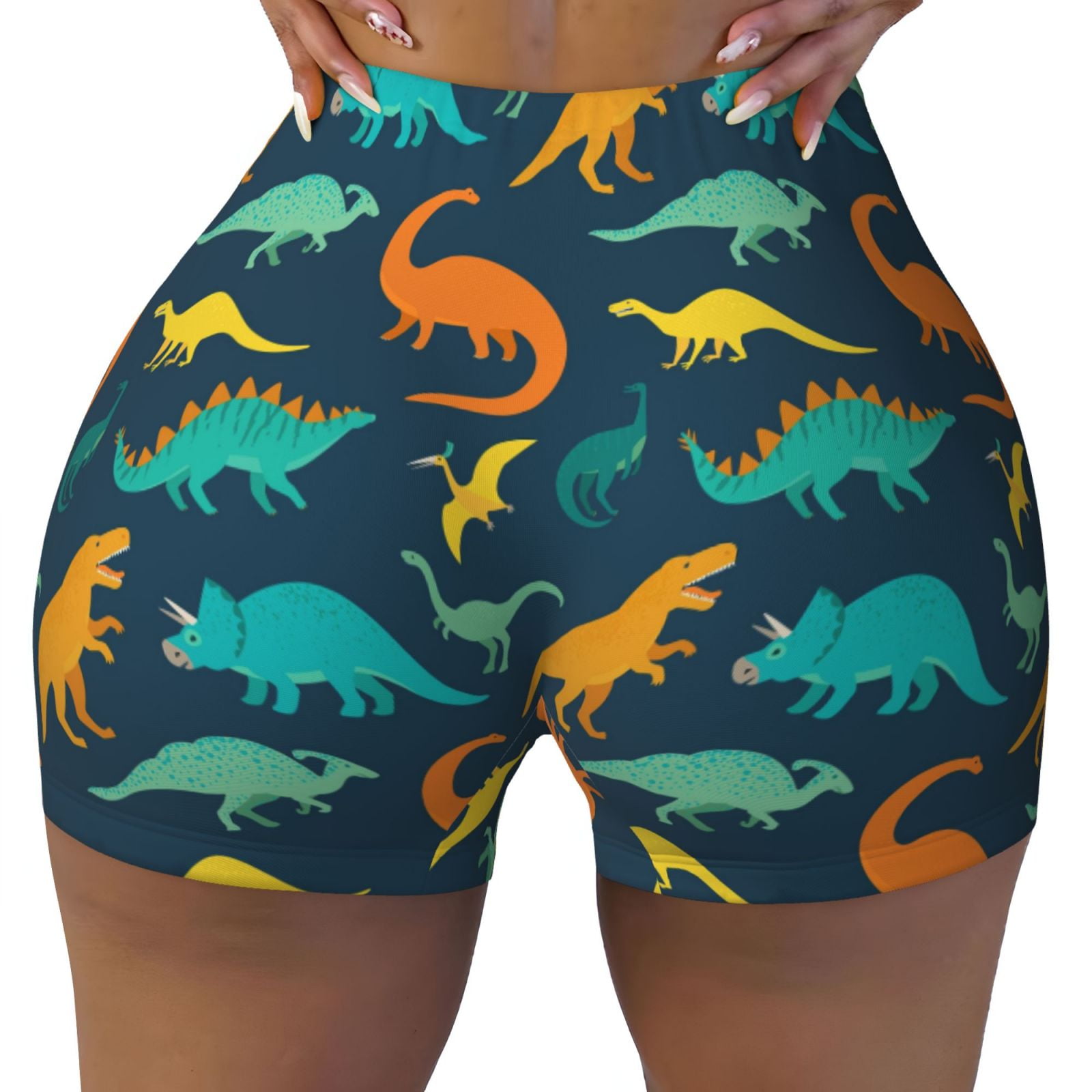 Fotbe Colorful Dinosaur Seamless Shorts, Womens Workout Shorts High
