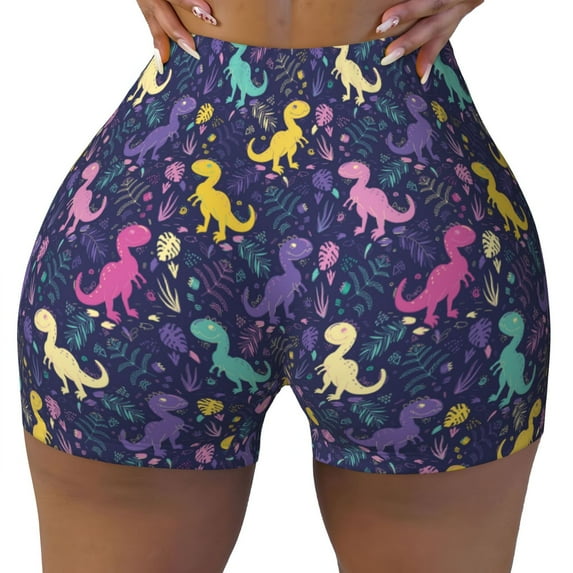 Fotbe Colorful Dinosaur Seamless Shorts, Womens Workout Shorts High Waist Stretch Booty Short for Gym/Yoga/Running/Biking-Small