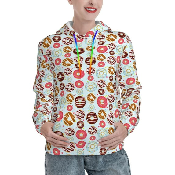 Fotbe Colorful Donuts Pattern Womens Long Sleeve Hoodie, Pullover Hooded Sweatshirt, Kangaroo Pocket Hoodie with Eye-catching Drawstrings-XX-Large