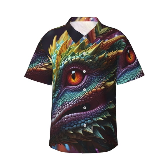 Fotbe Colorful Dragon Head Profile Hawaiian Shirt for Men Unisex Summer Beach Casual Short Sleeve Cotton Linen Button Down Shirts-Small