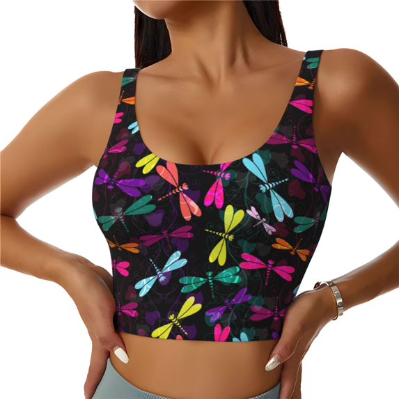 Fotbe Colorful Dragonflies Pattern Womens' Sports Bra Longline Wirefree Padded with Medium Support Sports Moisture-Wicking Workou Vest,Tank Top-XX-Large