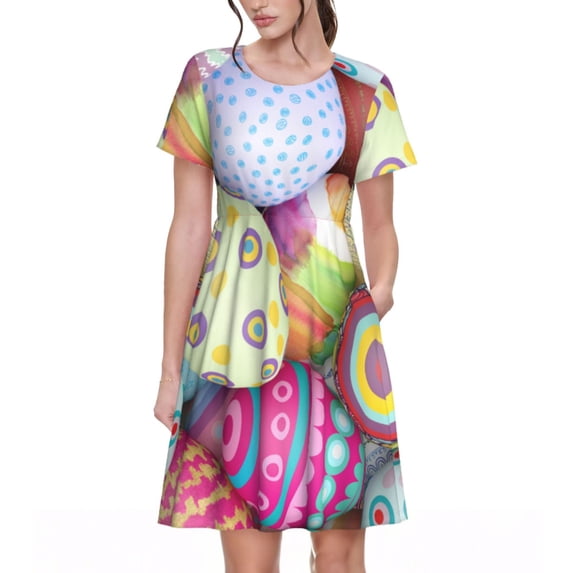 Fotbe Colorful Easter Eggs Pattern Dress Casual Womens Fashion Short Sleeve Maxi Dress T Shirt Dress Striped Long Color Block Maxi Dress