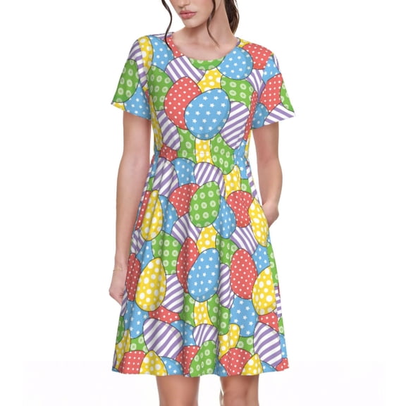Fotbe Colorful Easter eggs Pattern Dress Casual Womens Fashion Short Sleeve Maxi Dress T Shirt Dress Striped Long Color Block Maxi Dress