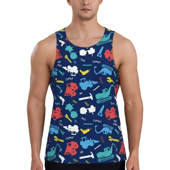 Fotbe Colorful Excavator Pattern Men's Quick Dry Workout Tank Top Gym Muscle Tee Fitness Bodybuilding Sleeveless T Shirt Breathable Workout Shirt-