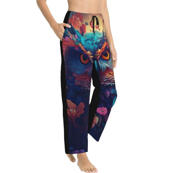 Fotbe Colorful Feather Owl Women's Pajama Pants,Sleepwear Pants,Pj Bottoms Drawstring And Pockets-