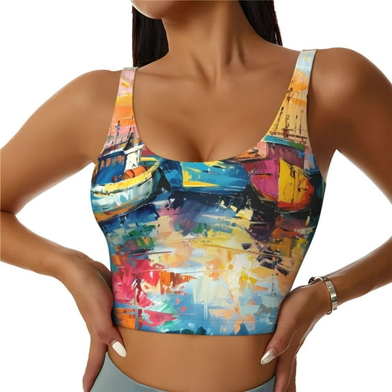 Fotbe Colorful Fishing Boats Pattern Womens' Sports Bra Longline Wirefree Padded with Medium Support Sports Moisture-Wicking Workou Vest,Tank Top-X-Large