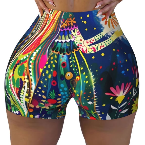 Fotbe Colorful Floral Forest Fairy Seamless Shorts, Womens Workout Shorts High Waist Stretch Booty Short for Gym/Yoga/Running/Biking-Large