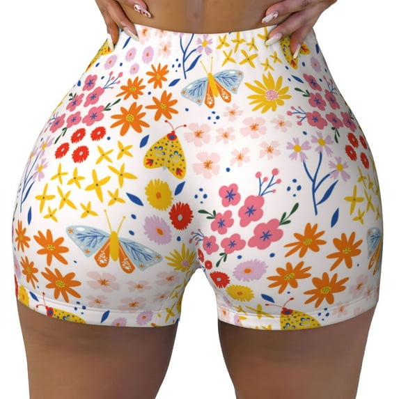 Fotbe Colorful Floral Seamless Shorts, Womens Workout Shorts High Waist Stretch Booty Short for Gym/Yoga/Running/Biking-X-Large