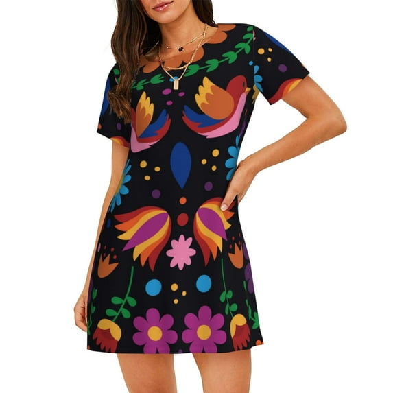 Fotbe Colorful Floral2 Pattern Women's Cotton Nightgown Sleepwear Short Sleeves Shirt Casual Print Sleepdress