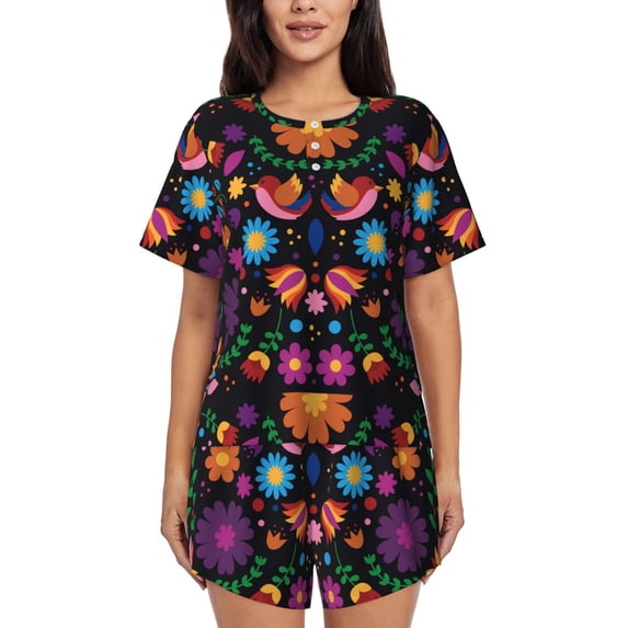 Fotbe Colorful Floral2 Print Pajama Set for Women 2 Piece Loungewear Short Sleeve Tops and Shorts Set Soft Sleepwear-3X-Large