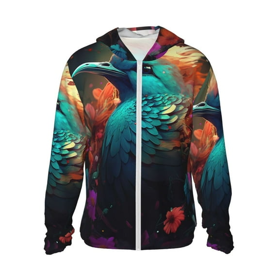 Fotbe Colorful Flower Bird Men's Women's UPF 50+ Sun Protection Jacket Hooded Cooling Shirt with Pockets Hiking Outdoor Performance-XX-Large