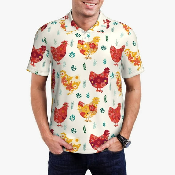 Fotbe Colorful Flower Chickens Pattern Men’s Golf Polo Shirt – Breathable Performance Golf Shirt with Button-Down Collar-4X-Large