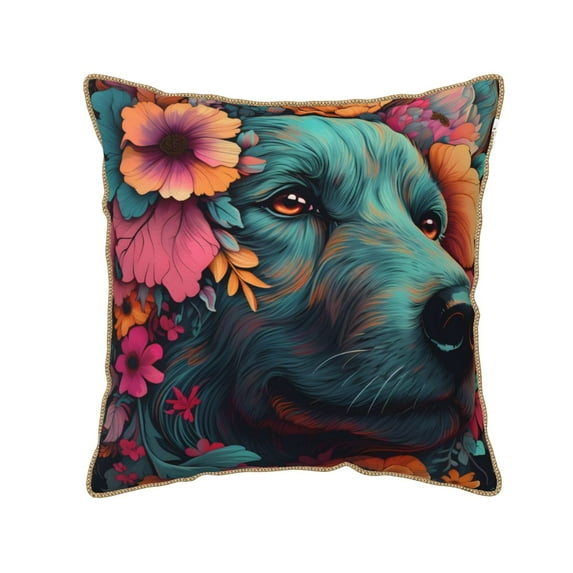 Fotbe Colorful Flower Dog A Pattern Velvet Decorative Throw Pillow Covers with Elegant Piping, Soft Plush Cushion Cover for Sofa, Bed, Car, Office-18"x18"