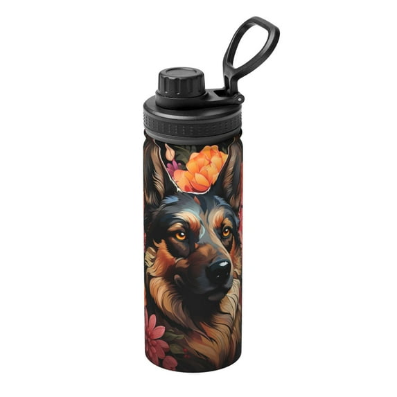 Fotbe Colorful Flower German Shepherd Pattern 18 Oz Sports Insulated Kettle Vacuum Cup Stainless Steel Travel Mug Cup Thermal Flask,Insulated Kettle for Cycling Gym Basketball Outdoor