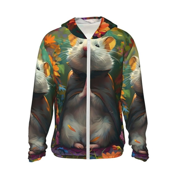 Fotbe Colorful Flower Meditating Hamster Men's Women's UPF 50+ Sun Protection Jacket Hooded Cooling Shirt with Pockets Hiking Outdoor Performance-3X-Large