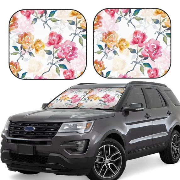 Fotbe Colorful Flowers 2-Piece Car Windshield Sun Shade | Sun Blocker for Car Windshield | Foldable Automotive Interior Accessories for Sun Protection-Medium