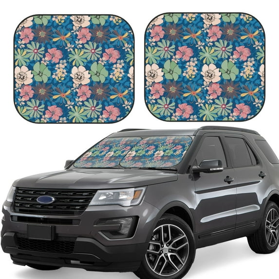 Fotbe Colorful Flowers 2-Piece Car Windshield Sun Shade | Sun Blocker for Car Windshield | Foldable Automotive Interior Accessories for Sun Protection-Medium