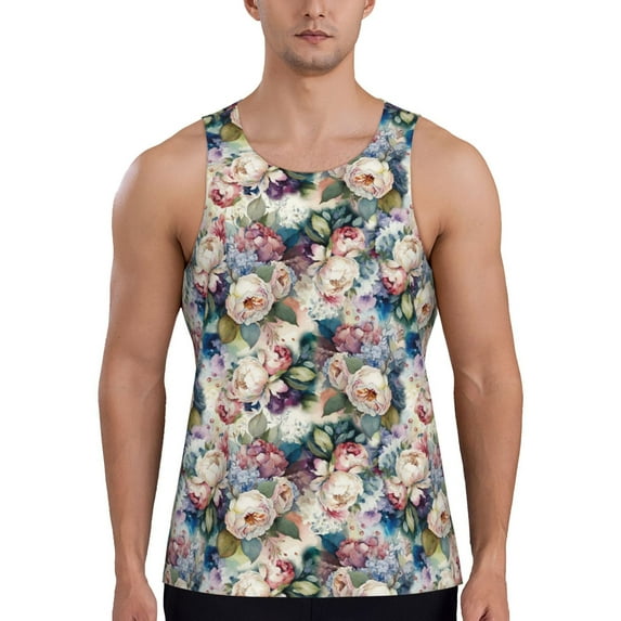 Fotbe Colorful Flowers Pattern Men's Quick Dry Workout Tank Top Gym Muscle Tee Fitness Bodybuilding Sleeveless T Shirt Breathable Workout Shirt-XX-Large