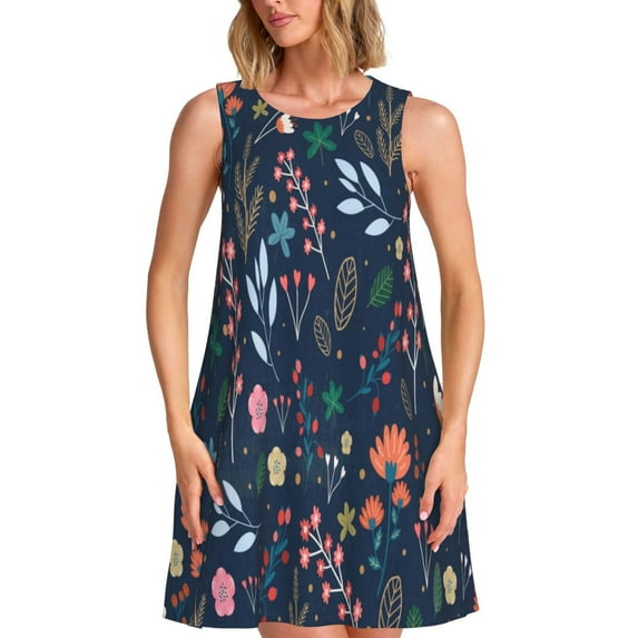 Fotbe Colorful Flowers Pattern Women’s Summer Tank Midi Dress – Sleeveless A-Line Dress, Floral T-Shirt Dress, Casual Flowing Beach Sundress