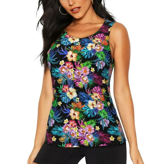 Fotbe Colorful Flowers Womens Loose Fit Casual Flowy Slim-Fit Tank Tops Athletic Round Neck Trendy Sleeveless Summer Tops for Gym and Yoga-X-Large