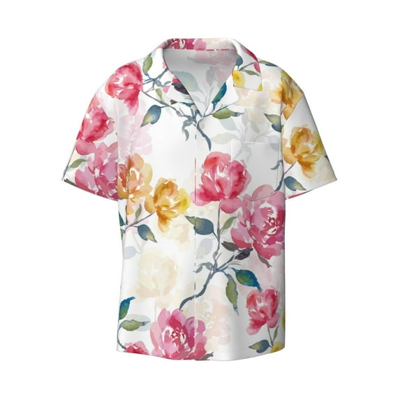 Fotbe Colorful Flowers print Short Sleeve Button Down Shirts for Men Casual Summer Beach Wrinkle Free Shirt-Large