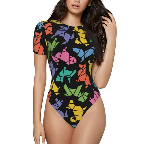 Fotbe Colorful Geometric Dog Women's Crew Neck Short Sleeves Bodysuit Tops Round Neck Slim Sleeveless Soft Comfortable Basic-Medium