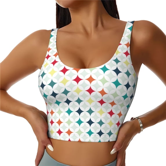 Fotbe Colorful Geometric Pattern Womens' Sports Bra Longline Wirefree Padded with Medium Support Sports Moisture-Wicking Workou Vest,Tank Top-XX-Large