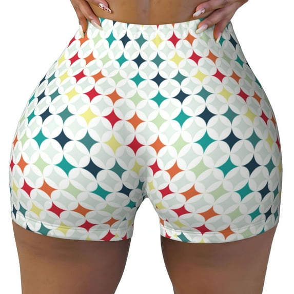 Fotbe Colorful Geometric Seamless Shorts, Womens Workout Shorts High Waist Stretch Booty Short for Gym/Yoga/Running/Biking-Small