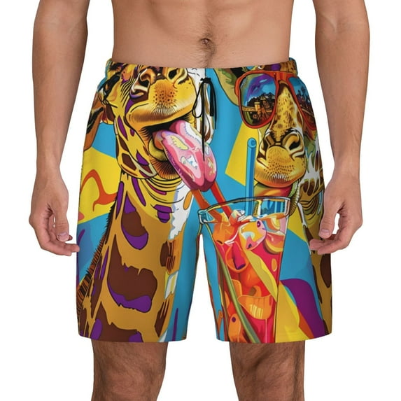 Fotbe Colorful Giraffes with Drinks Men’s Swim Trunks Quick Dry Swim Shorts Board Shorts with Mesh Lining-Large