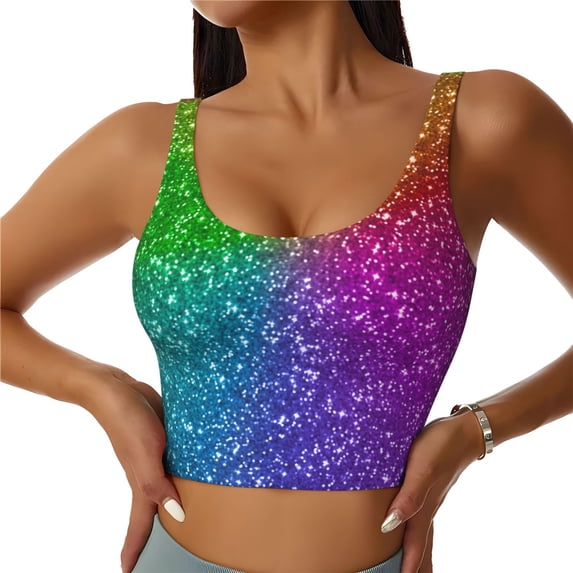 Fotbe Colorful Glitter Pattern Womens' Sports Bra Longline Wirefree Padded with Medium Support Sports Moisture-Wicking Workou Vest,Tank Top-X-Large