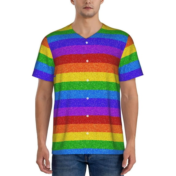 Fotbe Colorful Glitter Rainbow Baseball Jersey Shirt for Men and Women, Casual Short Sleeves Button Down T-Shirt-X-Large