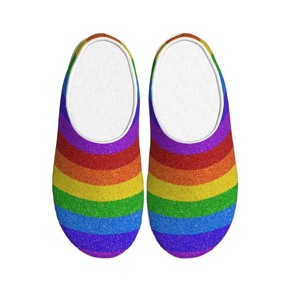 Fotbe Colorful Glitter Rainbow Pattern Women's Fuzzy Curly Fur Memory Foam Loafer Slippers Indoor Outdoor Slippers Winter Home Shoes-46/47