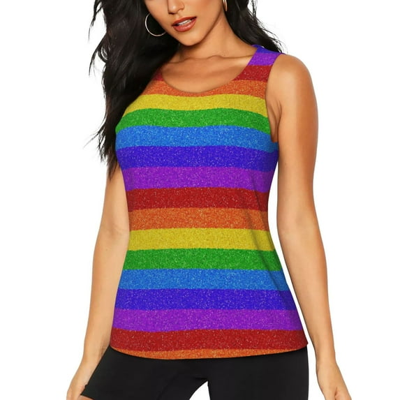 Fotbe Colorful Glitter Rainbow Womens Loose Fit Casual Flowy Slim-Fit Tank Tops Athletic Round Neck Trendy Sleeveless Summer Tops for Gym and Yoga-Large