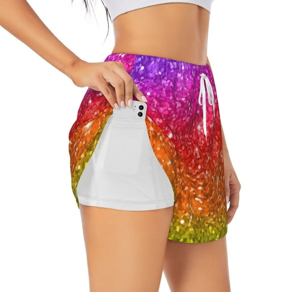 Fotbe Colorful Glitter Womens High Waist Running Shorts Athletic Workout Quick Dry Shorts for Women with Pockets Gym Yoga Summer Shorts-Medium