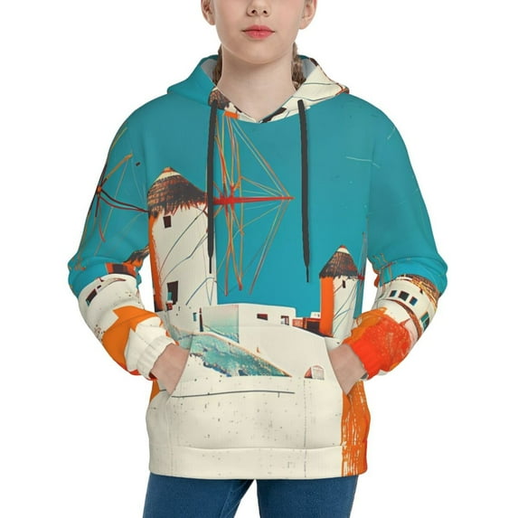 Fotbe Colorful Greek Windmills Pattern Youth Pullover Hooded Sweatshirt, Boys Hoodie, Kangaroo Pocket Hoodie for Kids Girls -X-Large