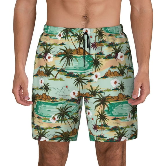Fotbe Colorful Hawaii Palms Men’s Swim Trunks Quick Dry Swim Shorts Board Shorts with Mesh Lining-Large