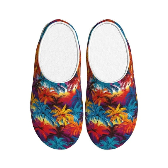 Fotbe Colorful Hawaii Palms Pattern Women's Fuzzy Curly Fur Memory Foam Loafer Slippers Indoor Outdoor Slippers Winter Home Shoes-37/38