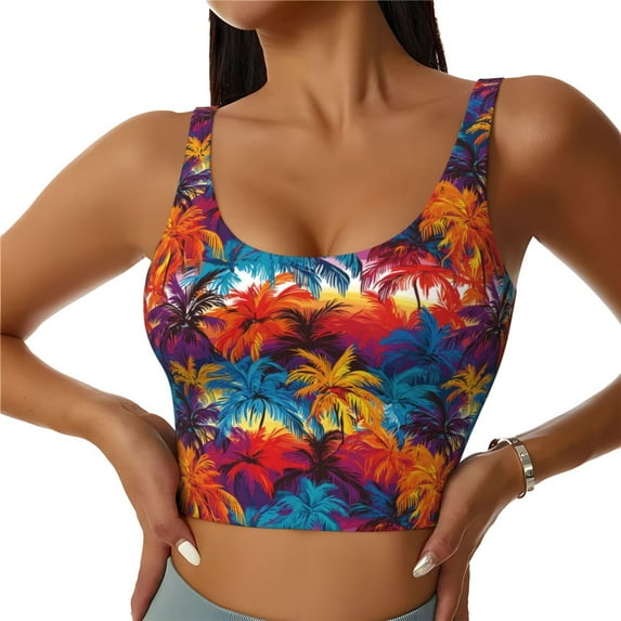 Fotbe Colorful Hawaii Palms Pattern Womens' Sports Bra Longline Wirefree Padded with Medium Support Sports Moisture-Wicking Workou Vest,Tank Top-