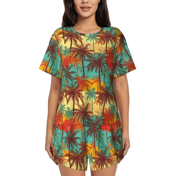 Fotbe Colorful Hawaii Palms Print Pajama Set for Women 2 Piece Loungewear Short Sleeve Tops and Shorts Set Soft Sleepwear-Small
