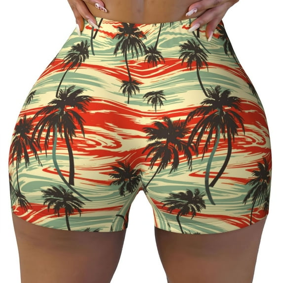 Fotbe Colorful Hawaii Palms Seamless Shorts, Womens Workout Shorts High Waist Stretch Booty Short for Gym/Yoga/Running/Biking-XX-Large