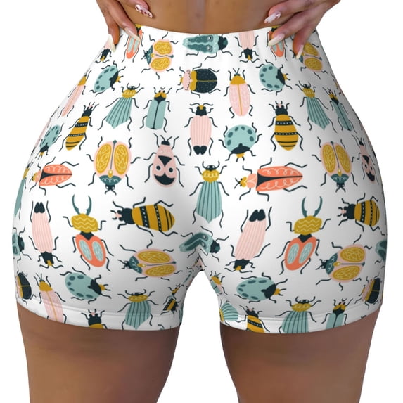 Fotbe Colorful Insects Seamless Shorts, Womens Workout Shorts High Waist Stretch Booty Short for Gym/Yoga/Running/Biking-Small