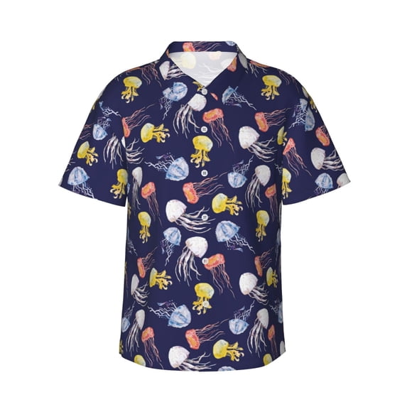 Fotbe Colorful Jellyfish Hawaiian Shirt for Men Unisex Summer Beach Casual Short Sleeve Cotton Linen Button Down Shirts-Medium