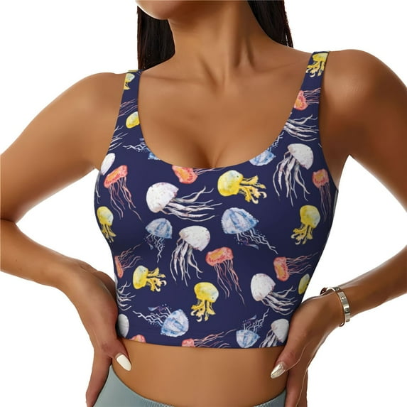 Fotbe Colorful Jellyfish Pattern Womens' Sports Bra Longline Wirefree Padded with Medium Support Sports Moisture-Wicking Workou Vest,Tank Top-