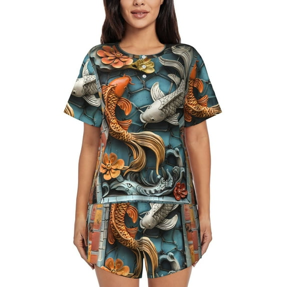 Fotbe Colorful Koi Fish Art Print Pajama Set for Women 2 Piece Loungewear Short Sleeve Tops and Shorts Set Soft Sleepwear-4X-Large
