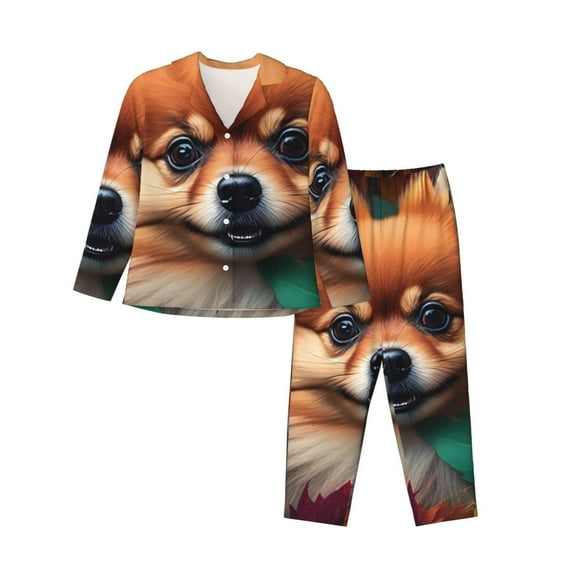 Fotbe Colorful Leaf Chihuahua Pattern Long Sleeve Pajama Set for Women,Sleepwear Set,2-piece Loungewear Set,Soft PJs Comfy Nightwear with Pockets -X-Large