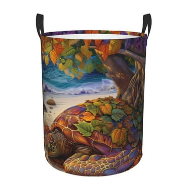 Fotbe Colorful Maple Leaf Beach Turtle Laundry Basket with Handles, Waterproof Large Laundry Hamper, Wash Bag for Corner Dorm, Rolling Laundry Basket with Handles-Small
