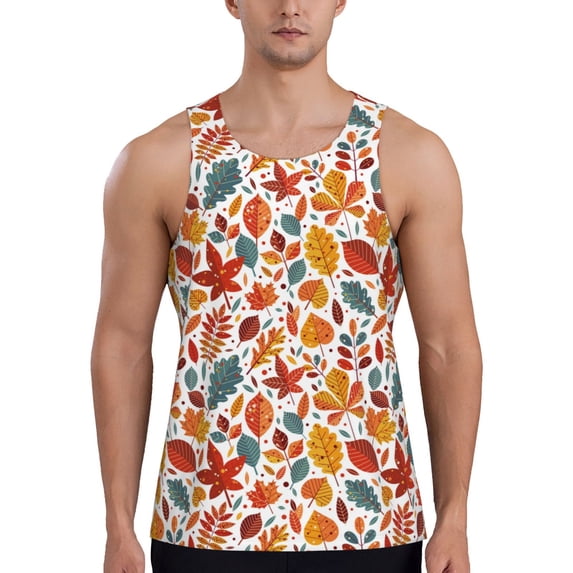 Fotbe Colorful Maple Leaves Pattern Men's Quick Dry Workout Tank Top Gym Muscle Tee Fitness Bodybuilding Sleeveless T Shirt Breathable Workout Shirt-X-Large