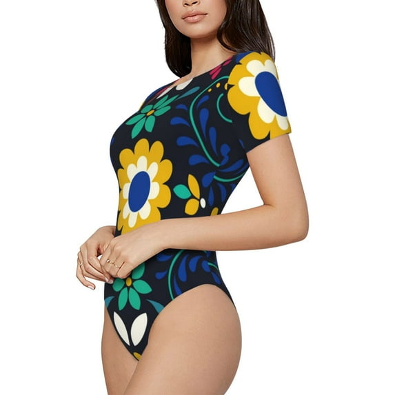 Fotbe Colorful Mexican Flower Women's Crew Neck Short Sleeves Bodysuit Tops Round Neck Slim Sleeveless Soft Comfortable Basic-Small