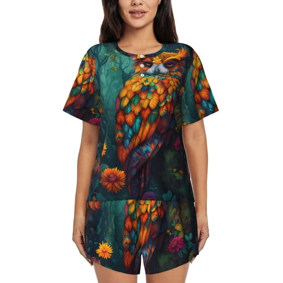 Fotbe Colorful Owl Forest Print Pajama Set for Women 2 Piece Loungewear Short Sleeve Tops and Shorts Set Soft Sleepwear-4X-Large