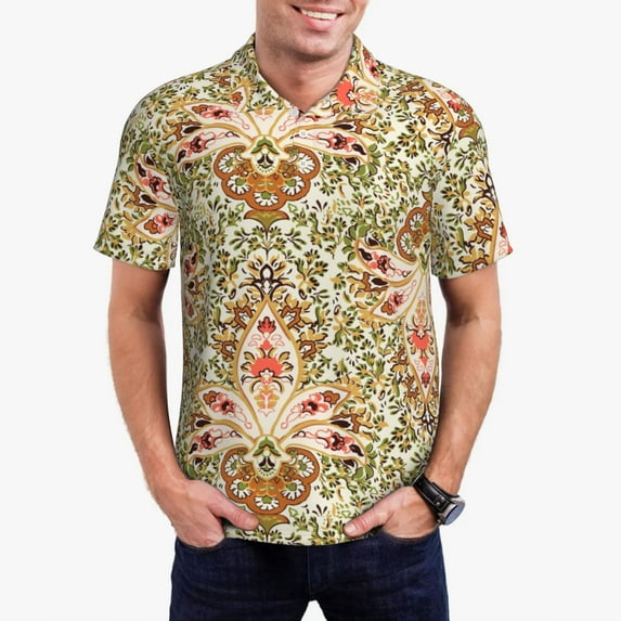 Fotbe Colorful Paisley Pattern Men’s Golf Polo Shirt – Breathable Performance Golf Shirt with Button-Down Collar-X-Large